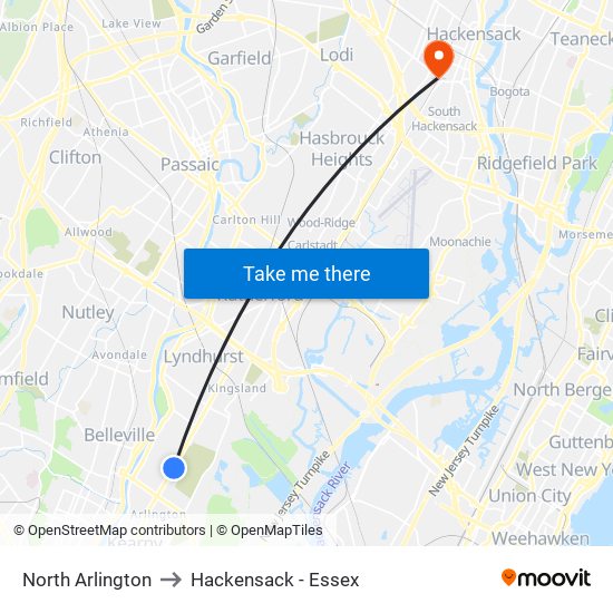 North Arlington to Hackensack - Essex map