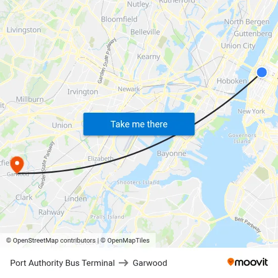 Port Authority Bus Terminal to Garwood map