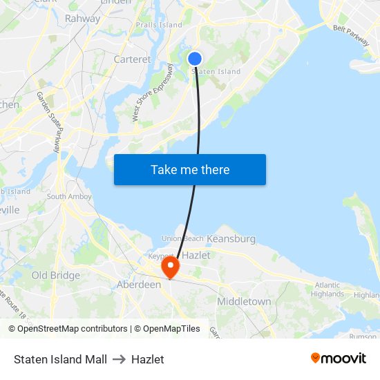 Staten Island Mall to Hazlet map