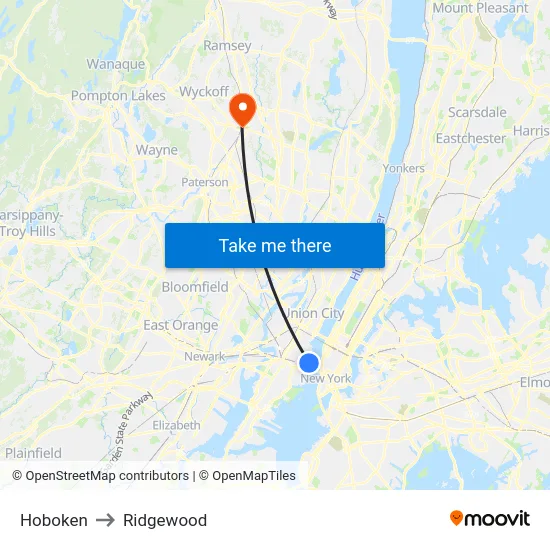 Hoboken to Ridgewood map