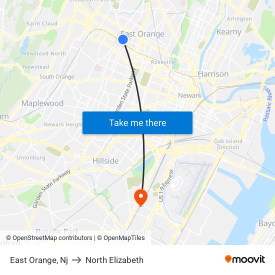 East Orange, Nj to North Elizabeth map