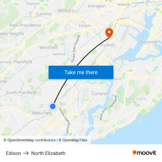 Edison to North Elizabeth map