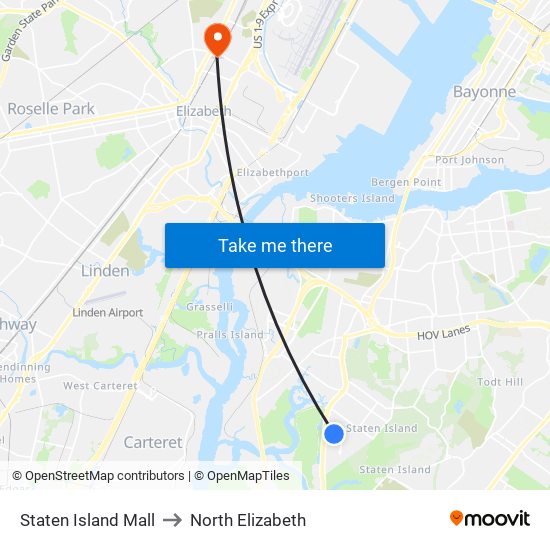 Staten Island Mall to North Elizabeth map