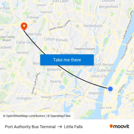 Port Authority Bus Terminal to Little Falls map