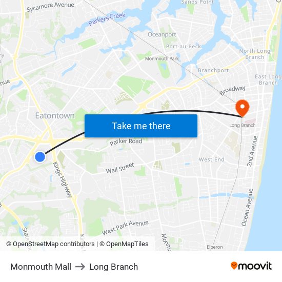 Monmouth Mall to Long Branch map