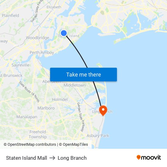 Staten Island Mall to Long Branch map