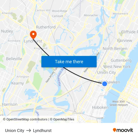 Union City to Lyndhurst map