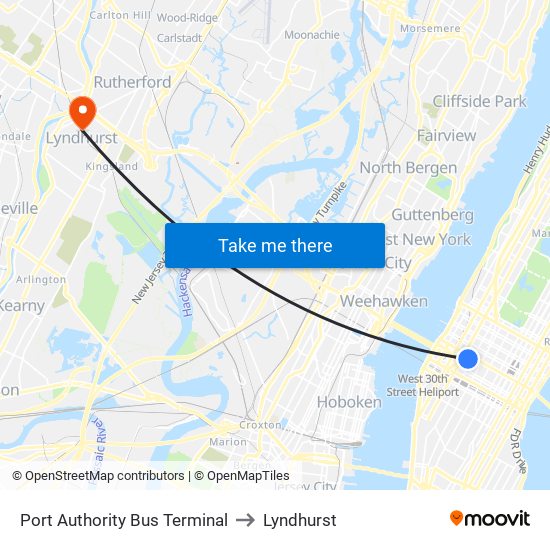 Port Authority Bus Terminal to Lyndhurst map