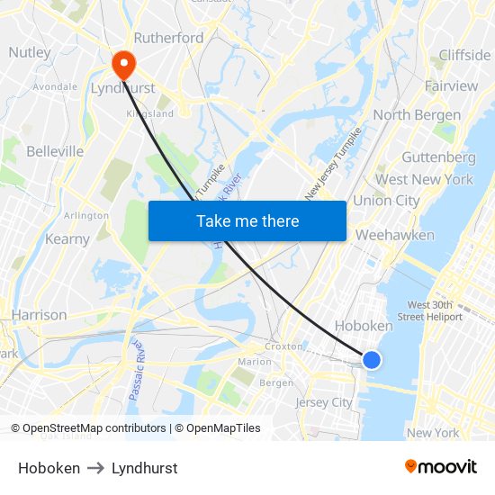 Hoboken to Lyndhurst map
