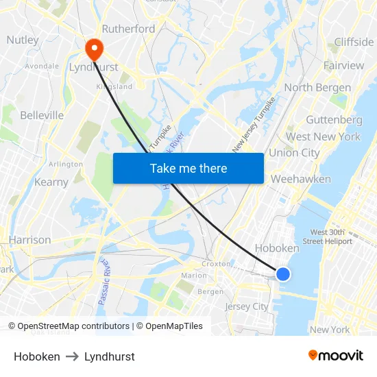 Hoboken to Lyndhurst map