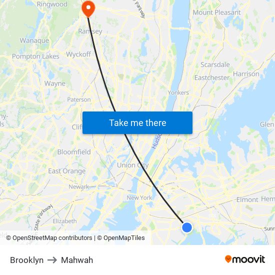 Brooklyn to Mahwah map