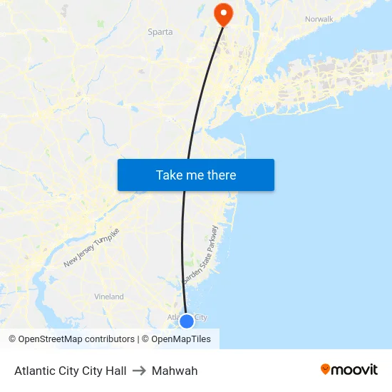Atlantic City City Hall to Mahwah map