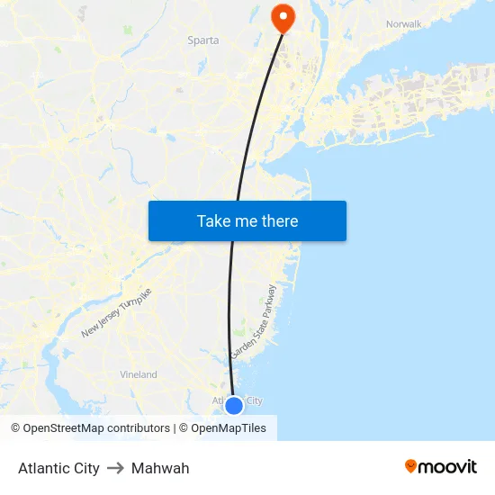 Atlantic City to Mahwah map