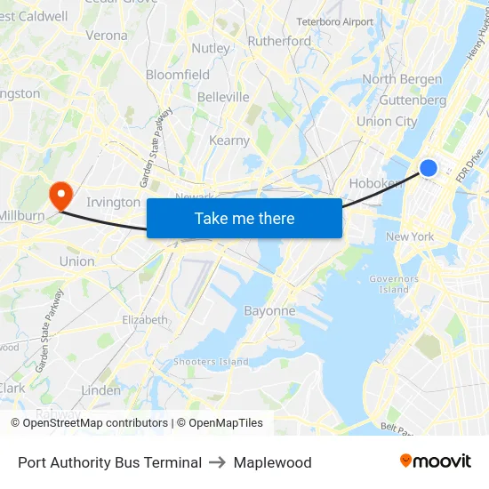 Port Authority Bus Terminal to Maplewood map