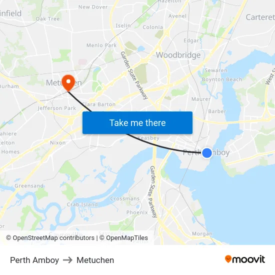 Perth Amboy to Metuchen map