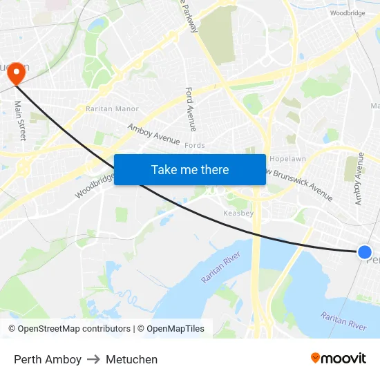 Perth Amboy to Metuchen map