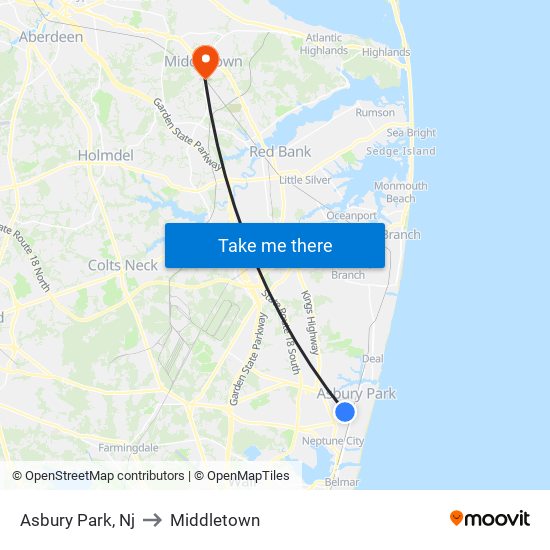 Asbury Park, Nj to Middletown map