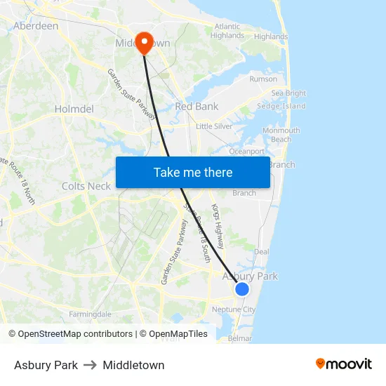 Asbury Park to Middletown map