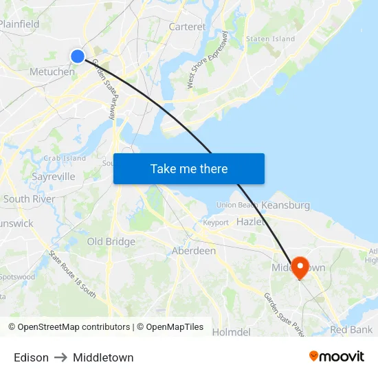 Edison to Middletown map