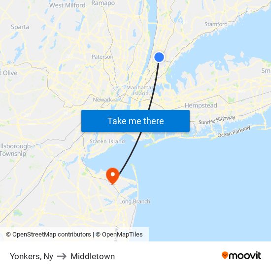 Yonkers, Ny to Middletown map