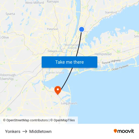 Yonkers to Middletown map