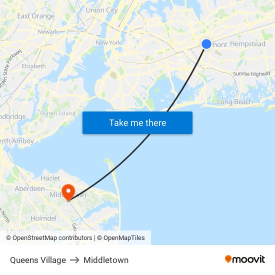 Queens Village to Middletown map