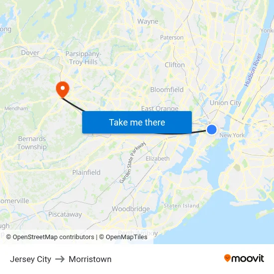 Jersey City to Morristown map