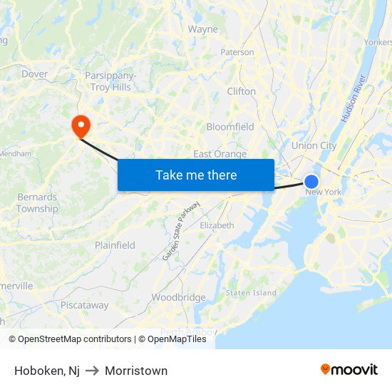 Hoboken, Nj to Morristown map