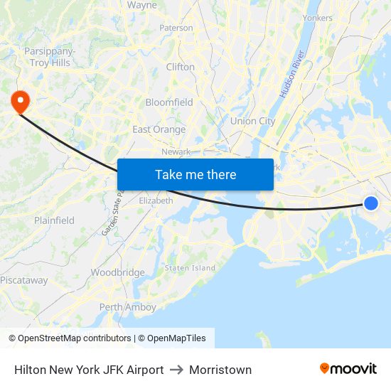 Hilton New York JFK Airport to Morristown map