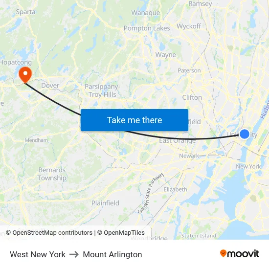 West New York to Mount Arlington map