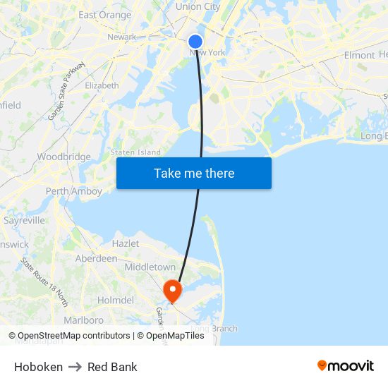 Hoboken to Red Bank map