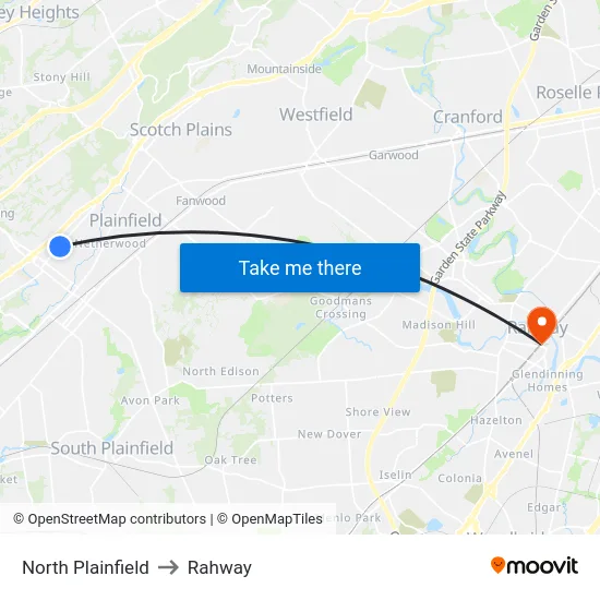North Plainfield to Rahway map