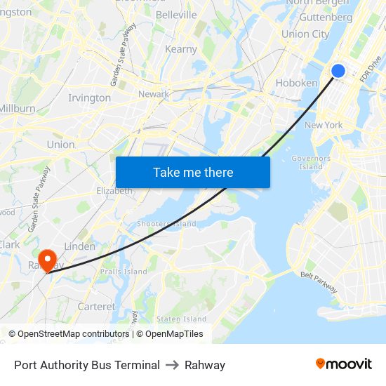 Port Authority Bus Terminal to Rahway map