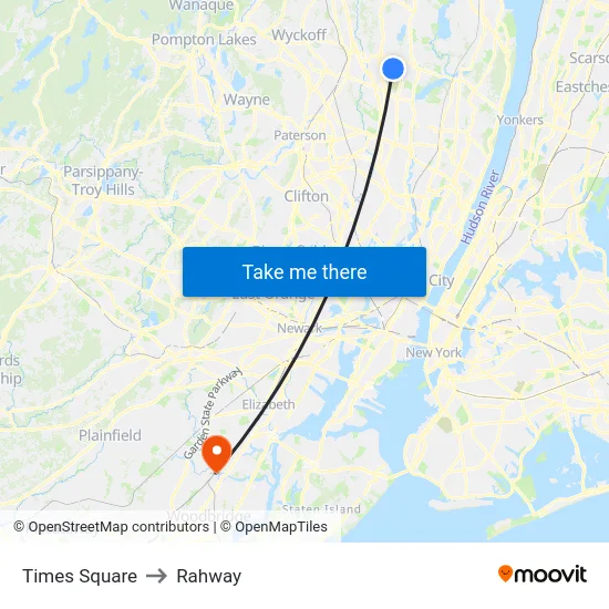 Times Square to Rahway map