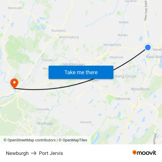 Newburgh to Port Jervis map
