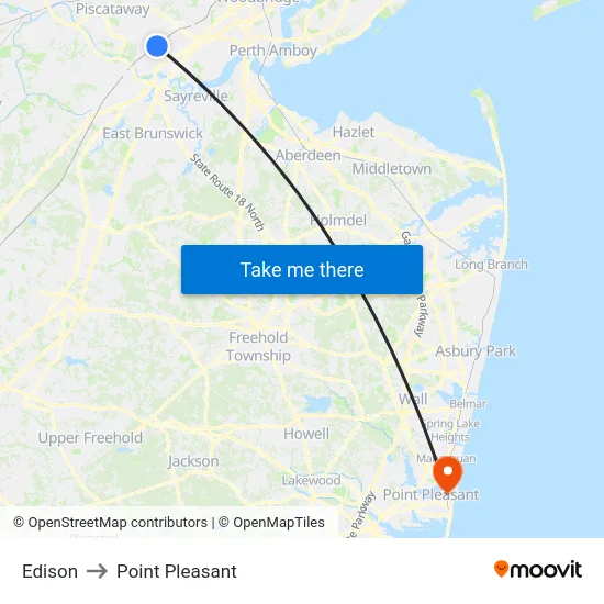 Edison to Point Pleasant map