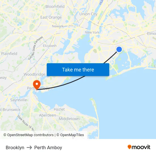 Brooklyn to Perth Amboy map