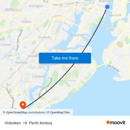 Hoboken to Perth Amboy map