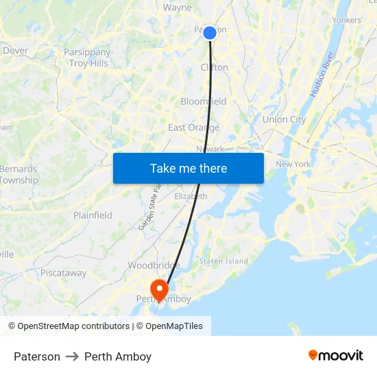 Paterson to Perth Amboy map