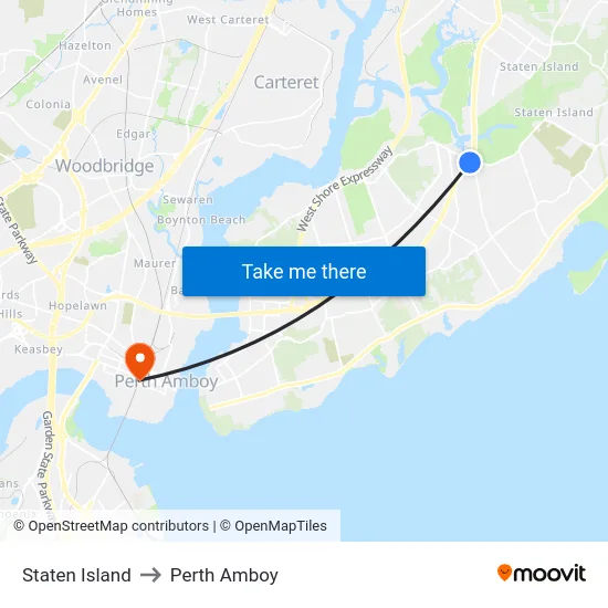 Staten Island to Perth Amboy map