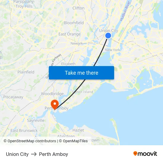 Union City to Perth Amboy map