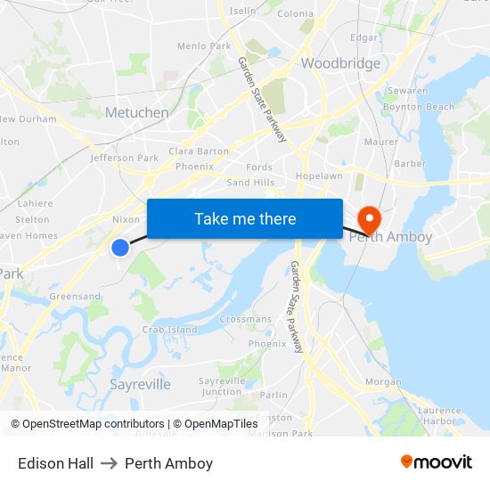 Edison Hall to Perth Amboy map
