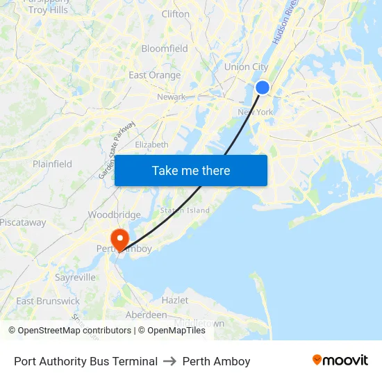 Port Authority Bus Terminal to Perth Amboy map
