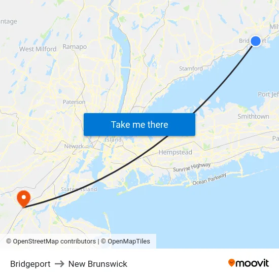 Bridgeport to New Brunswick map