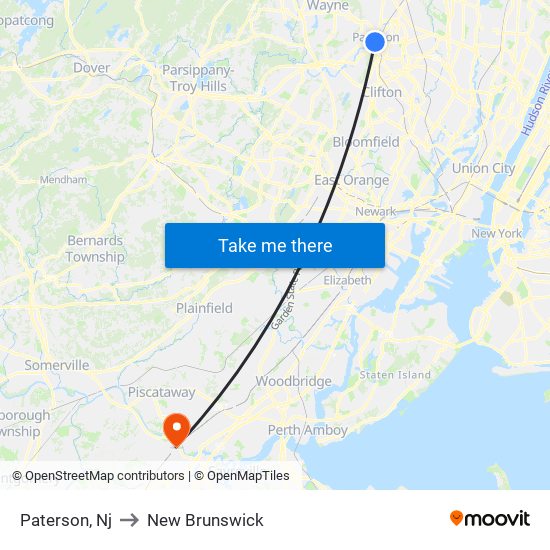 Paterson, Nj to New Brunswick map