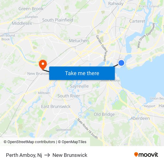 Perth Amboy, Nj to New Brunswick map