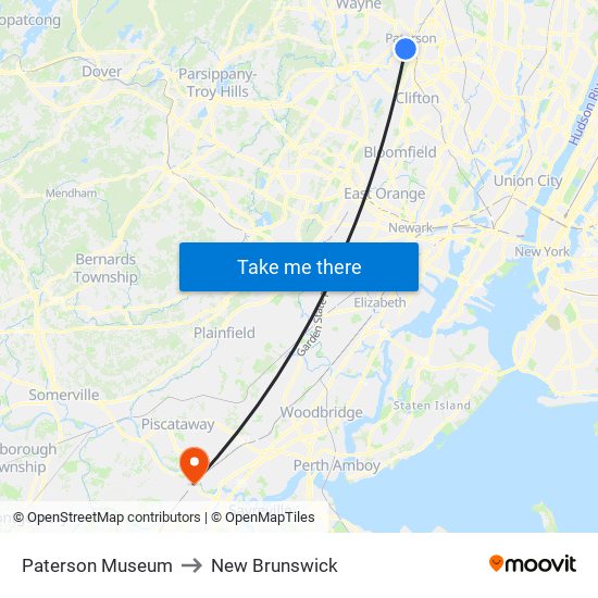 Paterson Museum to New Brunswick map