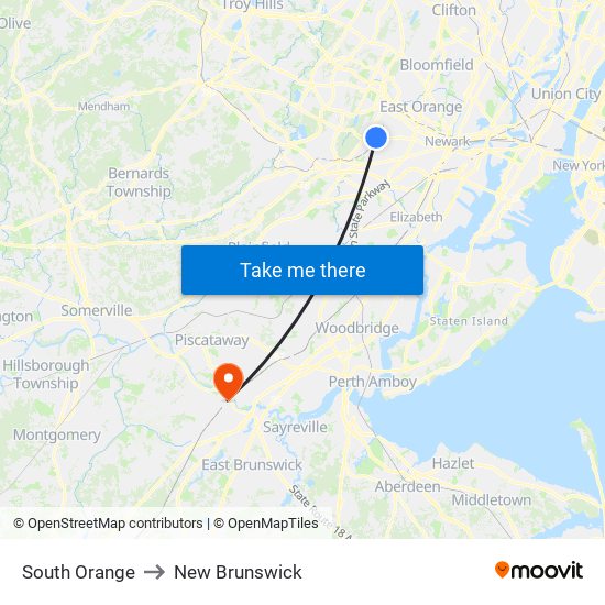 South Orange to New Brunswick map