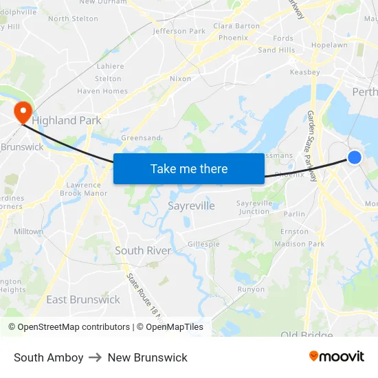 South Amboy to New Brunswick map