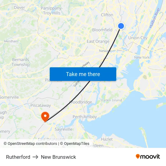Rutherford to New Brunswick map